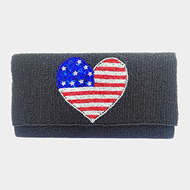 American USA Flag Heart Seed Beaded Clutch / Crossbody Bag