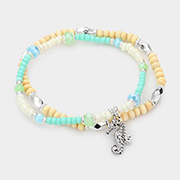 2PCS - Seahorse Charm Wood Seed Beaded Stretch Bracelets