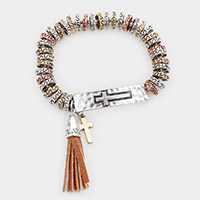 Embossed Cross Metal Bar Faux Leather Tassel Charm Stretch Bracelet