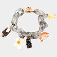 Popsicle Flower Gummy Bear Rainbow Charm Resin Open Oval Link Bracelet