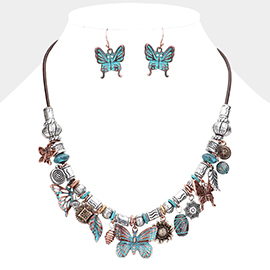 Metal Leaf Butterfly Leaf Sunflower Pendant Cluster Necklace