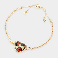 Glittered Leopard Heart Charm Adjustable Pull Tie Bracelet