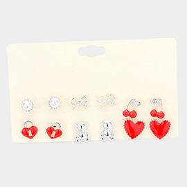 6Pairs - Pearl Metal Bow Bear Enamel Cherry Heart Lock Stud Earrings