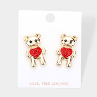 Stone Embellished Heart Metal Bear Earrings