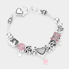 Metal Heart Rhinestone Embellished Round Butterfly Multi Bead Charm Bracelet