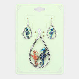 Enamel Seahorse Accented Open Teardrop Pendant Set