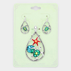 Enamel Starfish Shell Turtle Accented Open Teardrop Pendant Set