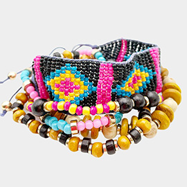 5PCS - BoHo Patterned Beaded Wood Bracelets