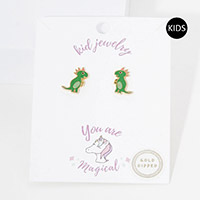 Gold Dipped Enamel Dinosaur Clip on Kids Earrings