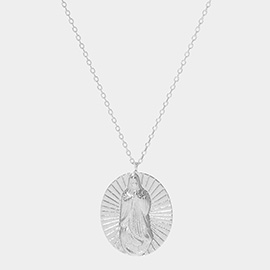 White Gold Dipped Virgin Mary Metal Oval Pendant Necklace