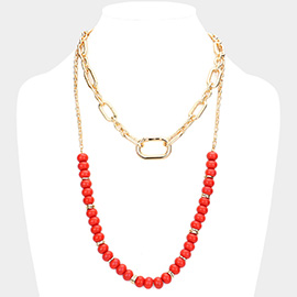 Open Metal Oval Link Resin Beaded Double Layered Bib Necklace