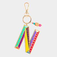 -N- Geometric Patterned Wood Monogram Keychain