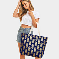 Metallic Pineapple Patterned Beach Tote Bag