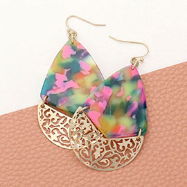 Celluloid Acetate Accented Filigree Metal Link Teardrop Dangle Earrings