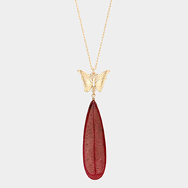 Butterfly Natural Stone Teardrop Link Pendant Long Necklace