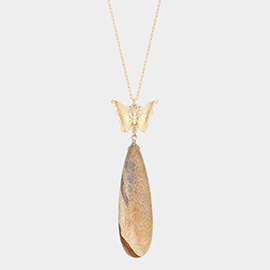 Butterfly Natural Stone Teardrop Link Pendant Long Necklace