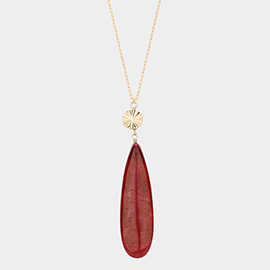 Textured Metal Round Natural Stone Teardrop Link Pendant Long Necklace