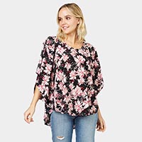 Flower Printed Slit Round Poncho