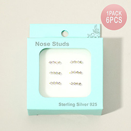 6PCS - Stone Embellished Sterling Silver Nose Rings