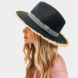 Frayed Trim Aztec Straw Hat