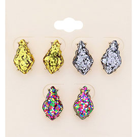 3Pairs - Glittered Petal Stud Earrings