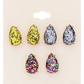 3Pairs - Glittered Teardrop Stud Earrings