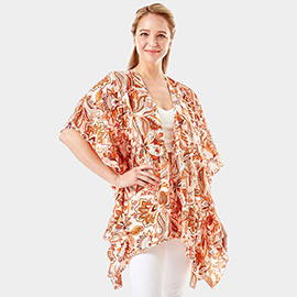 Floral Paisley Printed Ruffle Sleeves Cover Up Kimono Poncho