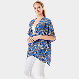 Wavy Printed Lurex Cover Up Poncho Kimono Poncho