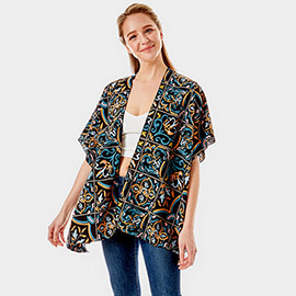 Medieval Floral Tiles Printed Cover Up Kimono Poncho