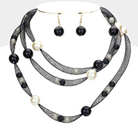 Pearl Accented Triple Layered Mesh Bib Necklace