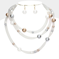 Pearl Accented Triple Layered Mesh Bib Necklace