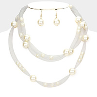 Pearl Accented Triple Layered Mesh Bib Necklace