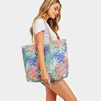 Hand Drawn Tropical Leaf Patterned Beach Tote Bag