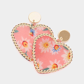 Flower Patterned Resin Heart Dangle Earrings