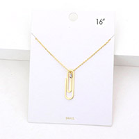 Brass Metal Paperclip Round Stone Pendant Necklace