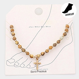 Metal Cross Charm Semi Precious Stretch Anklet