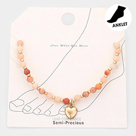 Metal Heart Charm Semi Precious Stretch Anklet