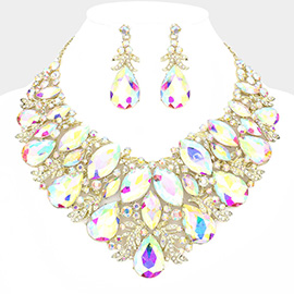 Marquise Teardrop Stone Accented Leaf Evening Necklace