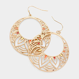 Enamel Detailed Cut Out Metal Round Dangle Earrings