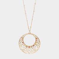 Enamel Detailed Cut Out Metal Round Pendant Long Necklace