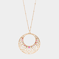 Enamel Detailed Cut Out Metal Round Pendant Long Necklace