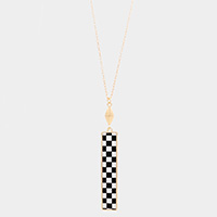 Checkerboard Rectangle Pendant Long Necklace