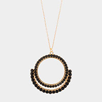 Wood Embellished Geometric Open Circle Pendant Long Necklace