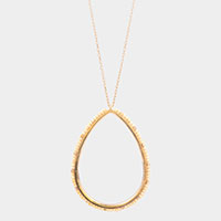 Wood Trimmed Open Teardrop Pendant Long Necklace