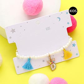 -D- Unicorn Monogram Tassel Station Kid's Beaded Stretch Bracelet