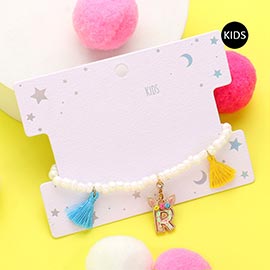 -R- Unicorn Monogram Tassel Station Kid's Beaded Stretch Bracelet