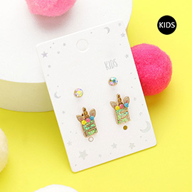 2Pairs - E Round Stone Unicorn Monogram Stud Kids Earrings