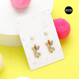 2Pairs - L Round Stone Unicorn Monogram Stud Kids Earrings