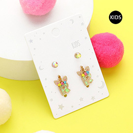 2Pairs - R Round Stone Unicorn Monogram Stud Kids Earrings