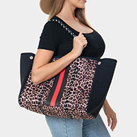 2PCS Color Block Leopard Patterned Beach Tote Bag and Mini Pouch Bag Set